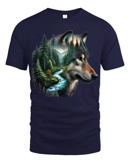 Majestic Wolf Forest River Nature Wildlife Graphic T Shirt - navy t-shirt on white background