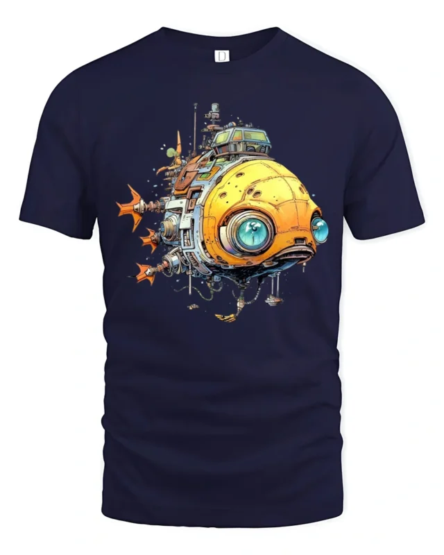 Retro Futuristic Steampunk Submarine Spaceship Graphic T Shirt - navy t-shirt on white background
