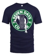 Seven Days Coffee Horror Parody Graphic T Shirt Funny Scary Tee - navy t-shirt on white background