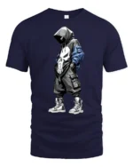 Urban Streetwear Hooded Skull Graphic T Shirt Cool Street Style Tee - navy t-shirt on white background