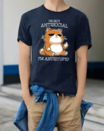 Funny Antisocial Cat Antistupid Humor Graphic T Shirt Attitude Tee - model wearing navy tee with hands in pockets