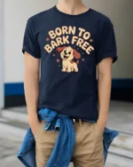 Born To Bark Free Cute Funny Dog Lover Graphic T Shirt Puppy Tee - model wearing navy tee with hands in pockets