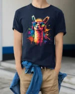Colorful Cool Llama With Sunglasses And Headphones Graphic T Shirt - model wearing navy tee with hands in pockets