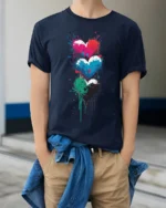 Colorful Graffiti Hearts Love Graphic T Shirt Artistic Street Style Tee - model wearing navy tee with hands in pockets