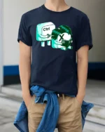 Funny Ctrl X Excel Spreadsheet Office Humor Graphic T Shirt - model wearing navy tee with hands in pockets