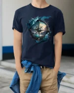 Vintage Nautical Compass Adventure Graphic T Shirt Explorer Style Tee - model wearing navy tee with hands in pockets