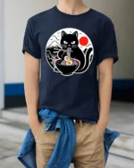 Funny Ramen Eating Black Cat Japanese Style Graphic T Shirt - model wearing navy tee with hands in pockets