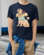 Stay Pawsitive Funny Golden Retriever Dog Lover Graphic T Shirt - model wearing navy tee with hands in pockets