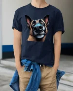 Funny German Shepherd Selfie Face Graphic T Shirt Dog Lover Tee - model wearing navy tee with hands in pockets
