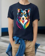 Colorful Border Collie Rainbow Pop Art Dog Lover Graphic T Shirt - model wearing navy tee with hands in pockets