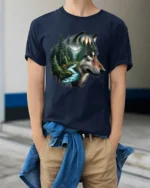 Majestic Wolf Forest River Nature Wildlife Graphic T Shirt - model wearing navy tee with hands in pockets
