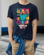 Retro Crime Series Vice City Style Graphic T Shirt Vintage Parody Tee - model wearing navy tee with hands in pockets