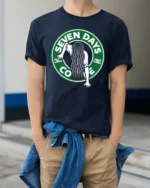 Seven Days Coffee Horror Parody Graphic T Shirt Funny Scary Tee - model wearing navy tee with hands in pockets
