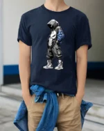 Urban Streetwear Hooded Skull Graphic T Shirt Cool Street Style Tee - model wearing navy tee with hands in pockets