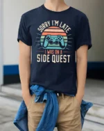 Sorry Im Late I Was On A Side Quest Funny Gamer Graphic T Shirt - model wearing navy tee with hands in pockets