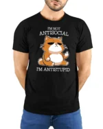 Funny Antisocial Cat Antistupid Humor Graphic T Shirt Attitude Tee - model wearing black tee with hands behind back
