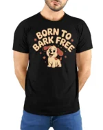 Born To Bark Free Cute Funny Dog Lover Graphic T Shirt Puppy Tee - model wearing black tee with hands behind back
