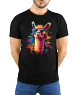 Colorful Cool Llama With Sunglasses And Headphones Graphic T Shirt - model wearing black tee with hands behind back