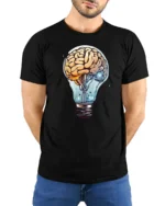 Creative Brain Lightbulb Idea Graphic T Shirt Science Nerd Tee - model wearing black tee with hands behind back