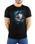 Vintage Nautical Compass Adventure Graphic T Shirt Explorer Style Tee - model wearing black tee with hands behind back
