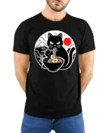 Funny Ramen Eating Black Cat Japanese Style Graphic T Shirt - model wearing black tee with hands behind back