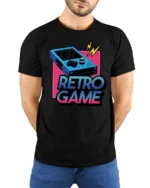 Retro Game Console Graphic T Shirt Vintage Gamer Arcade Style Tee - model wearing black tee with hands behind back