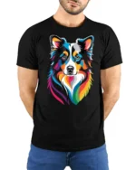 Colorful Border Collie Rainbow Pop Art Dog Lover Graphic T Shirt - model wearing black tee with hands behind back