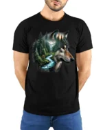 Majestic Wolf Forest River Nature Wildlife Graphic T Shirt - model wearing black tee with hands behind back
