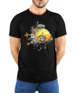 Retro Futuristic Steampunk Submarine Spaceship Graphic T Shirt - model wearing black tee with hands behind back