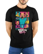 Retro Crime Series Vice City Style Graphic T Shirt Vintage Parody Tee - model wearing black tee with hands behind back