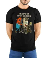 Respect Your Elders Retro Gaming Humor Graphic T Shirt Gamer Tee - model wearing black tee with hands behind back