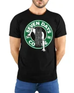 Seven Days Coffee Horror Parody Graphic T Shirt Funny Scary Tee - model wearing black tee with hands behind back