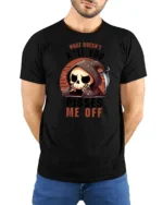 Funny Grim Reaper What Doesnt Kill You Pisses Me Off Graphic T Shirt - model wearing black tee with hands behind back