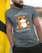 Funny Antisocial Cat Antistupid Humor Graphic T Shirt Attitude Tee - model wearing grey tee, leaning on column