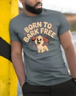 Born To Bark Free Cute Funny Dog Lover Graphic T Shirt Puppy Tee - model wearing grey tee, leaning on column