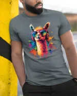 Colorful Cool Llama With Sunglasses And Headphones Graphic T Shirt - model wearing grey tee, leaning on column