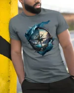 Vintage Nautical Compass Adventure Graphic T Shirt Explorer Style Tee - model wearing grey tee, leaning on column