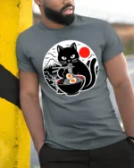 Funny Ramen Eating Black Cat Japanese Style Graphic T Shirt - model wearing grey tee, leaning on column