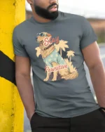 Stay Pawsitive Funny Golden Retriever Dog Lover Graphic T Shirt - model wearing grey tee, leaning on column