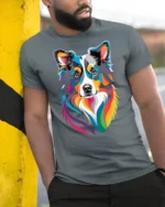 Colorful Border Collie Rainbow Pop Art Dog Lover Graphic T Shirt - model wearing grey tee, leaning on column