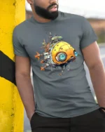 Retro Futuristic Steampunk Submarine Spaceship Graphic T Shirt - model wearing grey tee, leaning on column