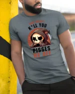 Funny Grim Reaper What Doesnt Kill You Pisses Me Off Graphic T Shirt - model wearing grey tee, leaning on column