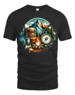 Mountain Camping Adventure Compass Campfire Outdoor Graphic T Shirt - black t-shirt on white background