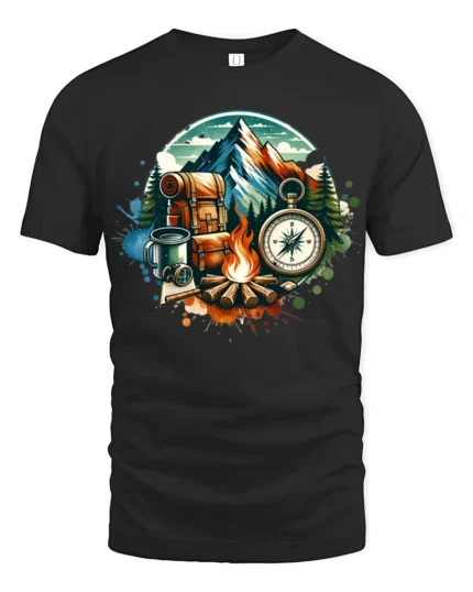 Mountain Camping Adventure Compass Campfire Outdoor Graphic T Shirt - black t-shirt on white background