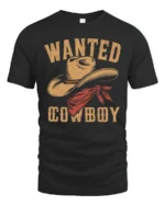 Wanted Cowboy Hat Vintage Western Graphic T Shirt Country Style - black t-shirt on white background