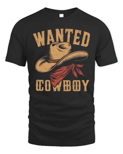 Wanted Cowboy Hat Vintage Western Graphic T Shirt Country Style - black t-shirt on white background