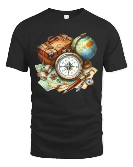 Vintage Travel Compass Map Adventure Explorer Graphic T Shirt - black t-shirt on white background