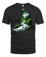Nature Fishing River Landscape Silhouette Angler Graphic T Shirt - black t-shirt on white background