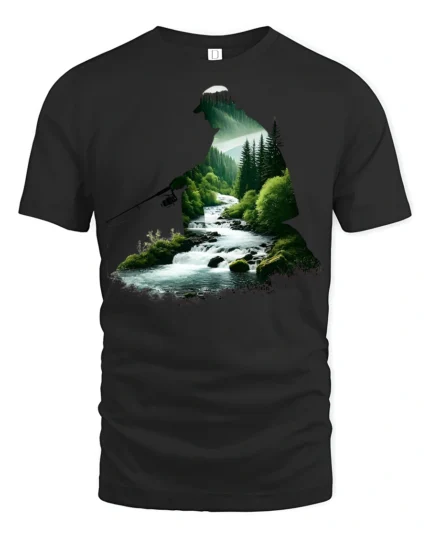 Nature Fishing River Landscape Silhouette Angler Graphic T Shirt - black t-shirt on white background