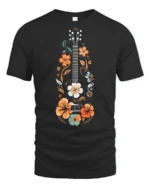 Floral Guitar Music Lover Vintage Folk Art Graphic T Shirt - black t-shirt on white background